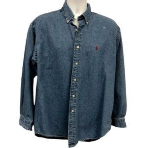 Vintage Polo Ralph Lauren Blake Blue Denim Jean Shirt Size Large Horse Logo